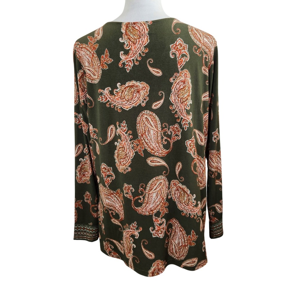 Belle Kim Gravel Women's Olive Green Paisley Print Long Sleeve V Neck Top Size L - Picture 3 of 9